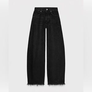 Zara High Rise Barrel Leg Jeans Black Wide Leg Frayed Hem Denim Size 0